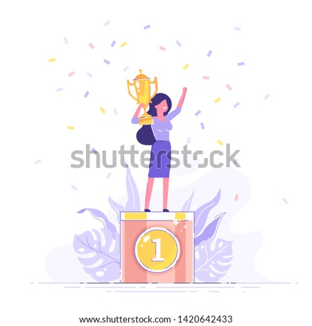 Beautiful smiling businesswoman is standing on a winners pedestal  with a golden cup and confetti around. Modern vector illustration.