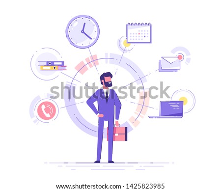 Businessman is standing and holding briefcase with office icons on the background. Multitasking and time management concept.  Effective management. Vector illustration.