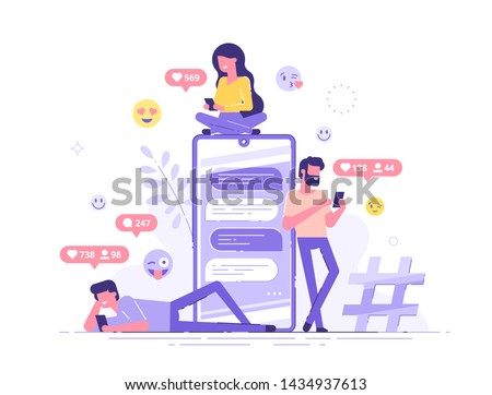 Young people are standing near by a huge smartphone and using own smartphones with social media elements and emoji icons on the background. Friends chatting and texting. Vector illustration.
