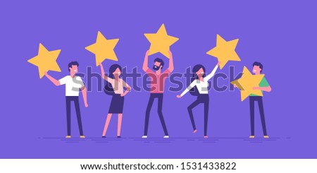 Happy people are holding review stars over their heads. Five stars rating. Customer review rating and client feedback concept. Modern vector illustration.