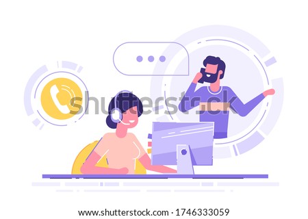 Woman with headset is sitting at her computer and  talking with client. Clients assistance, call center, hotline operator, consultant manager, technical support and customer care. Vector illustration.