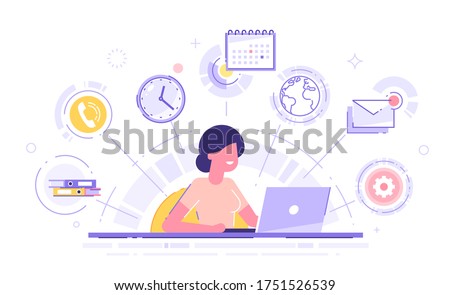 Happy business woman with multitasking skills sitting at his laptop with office icons on a background. Freelance worker. Multitasking, time management and productivity concept. Vector illustration.