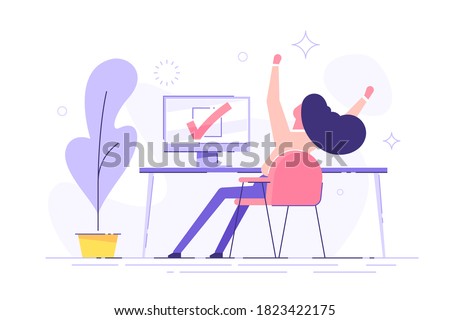 Happy woman completed task and triumphing with raised hands on the his workplace.  Successful well done work. Completed task. modern vector illustration.