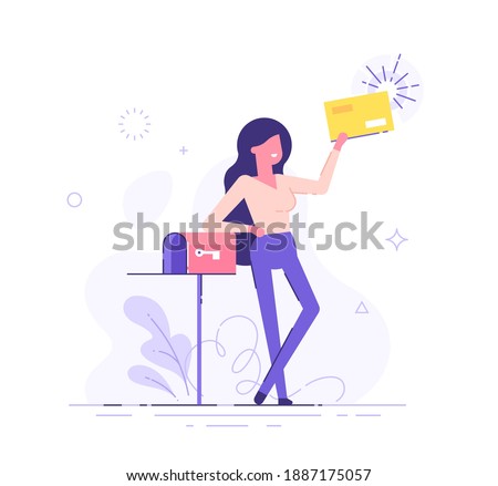 Happy woman got an important letter. Handsome businesswoman or manager is standing nearby mailbox and holding an envelope. Modern vector illustration.