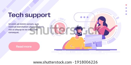 Man with headset is sitting at his computer and  talking with client. Clients assistance, call center, hotline operator. Technical support and customer care. Vector template for web banner or print.