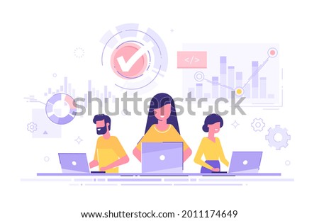 Data scientists, software engineer, statistician, programmers, visualizer and analyst working on a project. Big Data analysis concept. Professional team working together. Modern vector illustration. Foto stock © 