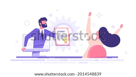 Man holds out a big certificate or diploma from a monitor to a happy woman. Online education and graduation. Online education and graduation. Web courses. E-learning and distant education. Vector.