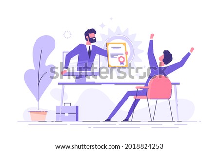 Man holds out a big certificate or diploma from a monitor to a happy man. Online education and graduation. Online education and graduation. Web courses. E-learning and distant education. Vector.