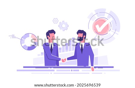 Two businessmen shake hands with each other after a successful deal. Partnership concept. Handshake of two men. Modern vector illustration.