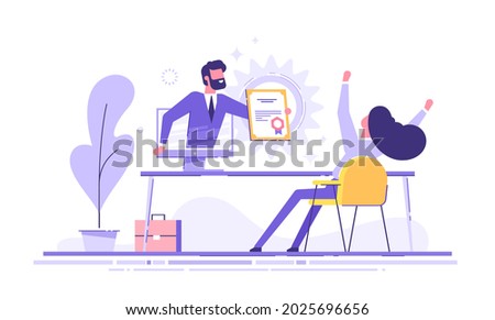 Man holds out a big certificate or diploma from a monitor to a happy woman. Online education, courses and graduation. Web courses. E-learning and distant education. Modern vector illustration.