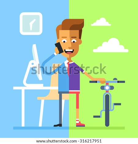 Concept of work and life balance. Handsome businessman in formal suit the office on the left part and he in sportswear with bicycle on the right. Vector illustration on flat design.