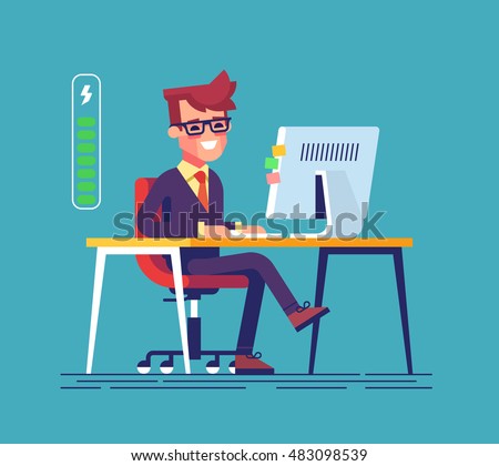 Handsome young businessman character full of energy. Full of energy to work. Vector flat cartoon illustration