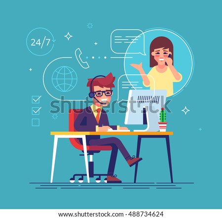 Happy male helpline operator with headset consulting a client. Online global tech support 24/7. Operator and customer. Technical support concept. Vector illustration in flat design.