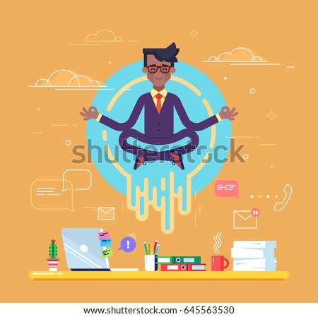 African american businessman doing yoga to calm down the stressful emotion from hard work in office over desk with office process icons on background. Concept of meditation. Vector illustration.