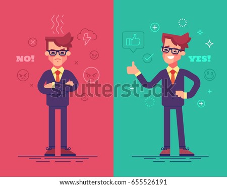 Angry and positive businessmen. Funny vector characters with mood icons on background.