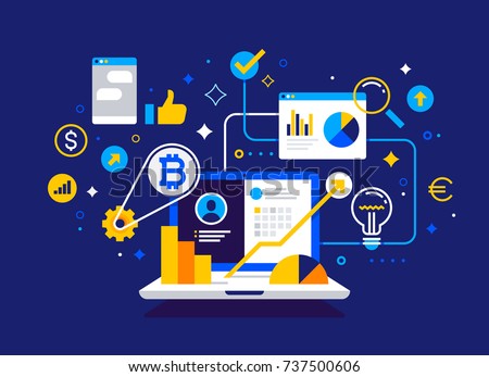 Modern financial concept. Business, finance and trading. Bitcoin mining farm. Crypto currency. Vector banner.