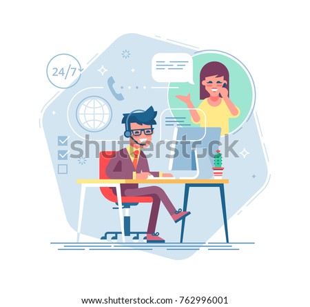 Happy male helpline operator with headset consulting a client. Online global tech support 24/7. Operator and customer. Technical support concept. Vector illustration in flat design.