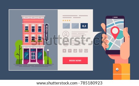 Design concept of hotel search and booking online. Hotel building detailed and reservation application interface. Hand holding smart phone. Vector illustration.