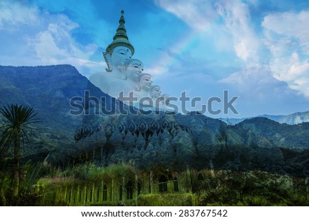 Double exposure of white buddha statue and nature ,Wat Phra That Pha Son Kaew