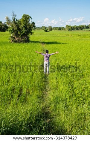 Young man freedom in nature,rice field
