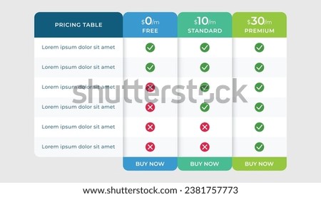 Price list comparison table. Business price chart template