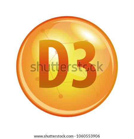 Vitamin D3 capsule. Vector icon for health. Gold shining pill.