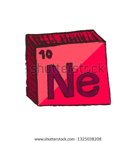 Vector three-dimensional hand drawn chemical bright red symbol of noble gas neon or neonium with an abbreviation Ne from the periodic table of the elements isolated on a white background.