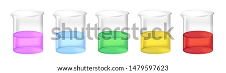 Vector set of chemical beakers with  liquid fluids – water, acid, solvent or chemicals. Full laboratory glassware with different colors of substance solution isolated. Purple, blue, green, yellow, red