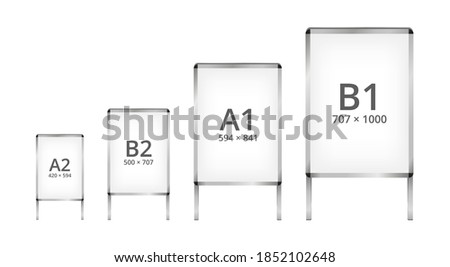 Set of vector empty blank outdoor or indoor double-sided sandwich advertising stand boards – frame sign isolated on a white background. Sidewalk signboard in different sizes A2, B2, A1, B1.