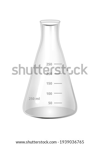 Vector illustration of a transparent narrow neck erlenmeyer flask 250 ml from borosilicate glass isolated on a white background. Medical or chemical laboratory glassware, Conical empty flask.