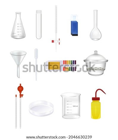 Vector set of laboratory chemical glassware, tools. Realistic icons isolated. Wash bottle, beaker, cuvette, pipette, graduated cylinder, flask, funnel, burette, test tube, ph test, vacuum desiccator.