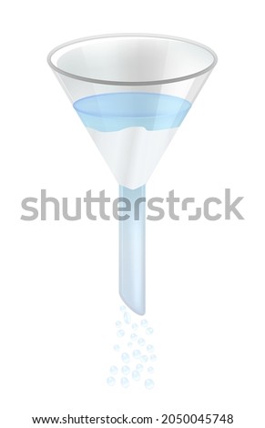 Vector illustration of chemical glass laboratory plain funnel with filter paper isolated on a white background. Funnel with short neck. Filtration, separating fluid from mixtures. Laboratory glassware