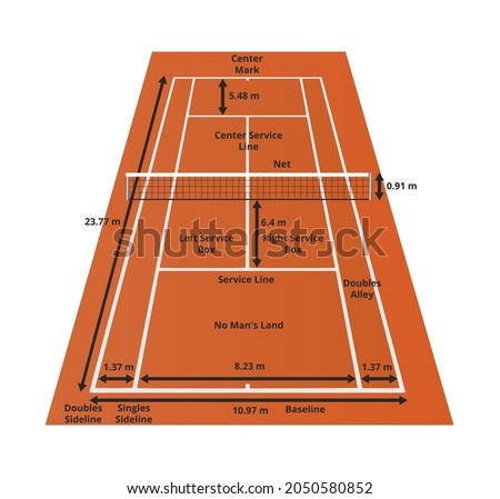 Vector illustration of tennis clay court with dimensions in meters – metric system and with tennis court layout or parts isolated on a white background. Areas and sizes of the tennis court.