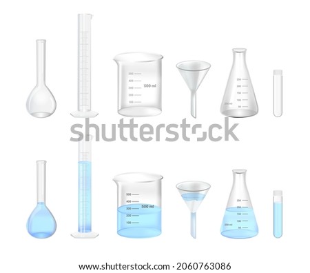 Vector set of realistic glass laboratory empty and water-filled chemical glassware isolated on a white background. volumetric flask, graduated cylinder, beaker, funnel, Erlenmeyer flask and test tube.