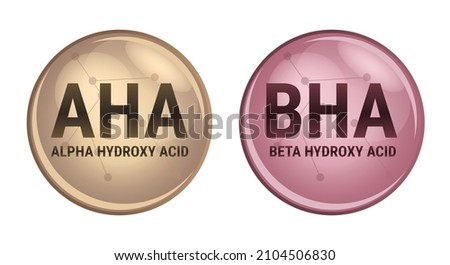 Vector set of AHA and BHA icons – beta hydroxy acid and alpha hydroxy acid that consist of a carboxylic acid isolated on a white background. Acids used as a face serum or solution. Dermal and beauty.