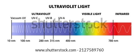Vector diagram with the ultraviolet light spectrum UV isolated on a white background. Electromagnetic radiation with wavelength from 10 nm to 400 nm. Blue or violet light. UV-A, UV-B, UV-C, Vacuum UV.