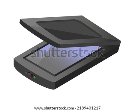 Vector isometric icon or illustration of open document A3 or A4 flat bed or flatbed scanner that scans images and documents. A computer peripheral isolated on a white background. Print office scanner.