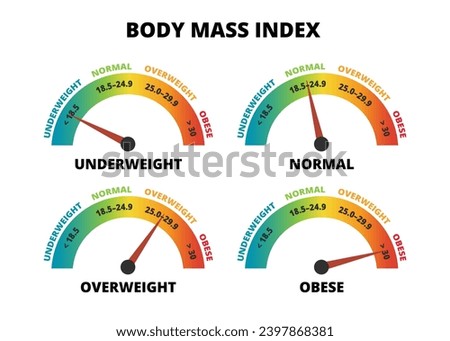 Vector infographic set of body mass index – BMI calculator isolated on white. Underweight, normal, overweight and obese. Indicator gauge scale. The body mass divided by the square of the body height.