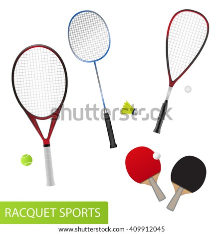 Set of racquet sports - equipment for tennis, table tennis, badminton and squash - rackets and balls