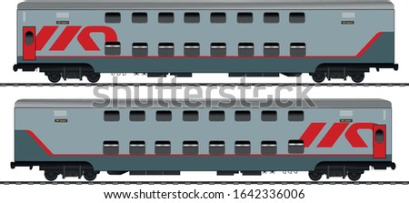 Russian Railway carriage.Double-decker Passenger train cars. Text in russian: Route. Vector.