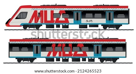 Russian Railway carriage. Passenger train cars. Electric train. Vector. Text in russian: MCD.