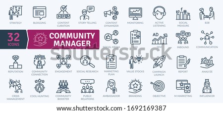 Community Manager activities. Thin line Icon Pack. Vector symbols