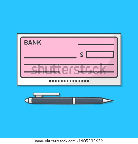 Bank Check Or Bank Cheque With Pen Vector Icon Illustration. Blank Cheque Flat Icon