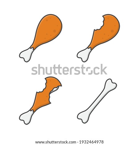 Set Of Bitten Fried Chicken Leg Vector Icon Illustration. Chicken Thighs Icon. Fast Food Fried Drumpstick