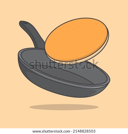 Pancake On Frying Pan Cartoon Vector Illustration. Frying Pan With Pancake Flat Icon Outline