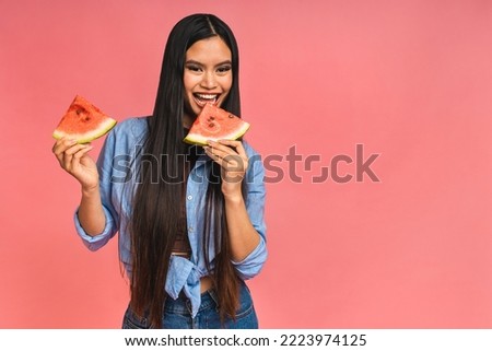 Similar – Image, Stock Photo Content woman eating watermelon on beach