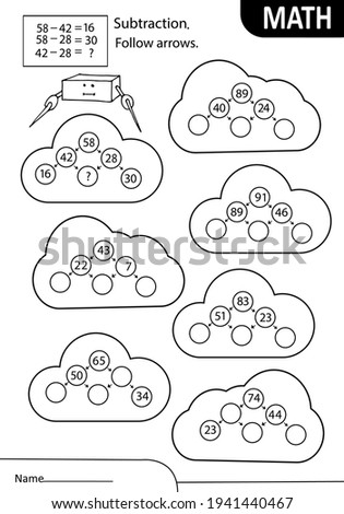 Math learning game. Calculation with subtraction. Count and write the correct numbers. Mathematical pyramid. Tasks at school or at home. White black worksheet vector illustration