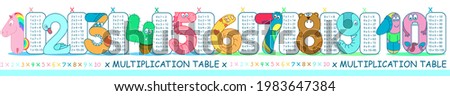 Multiplication table. Bookmark. Funny numbers for kids from one to ten with multiply. 1, 2, 3, 4, 5, 6, 7, 8, 9, 10 numeral are unicorn, swan, cactus, seahorse, snail, parrot, bear, elephant, kids.