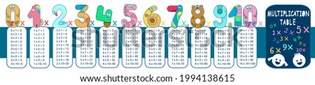 Multiplication table. Bookmark. Funny numbers for kids from zero to ten with multiply. 0, 1, 2, 3, 4, 5, 6, 7, 8, 9, 10 numeral are unicorn, swan, cactus, seahorse, snail, parrot, bear, elephant, kid