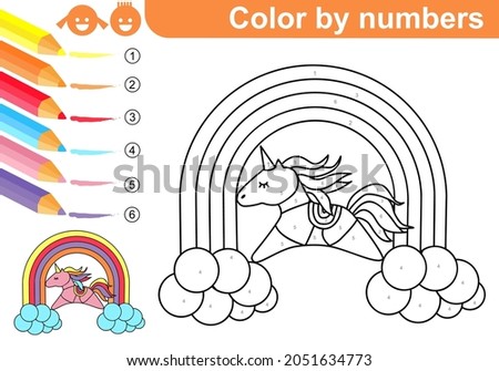 Coloring page by numbers. Unicorn on clouds and rainbow. Coloring puzzle with numbers for kids. Worksheet at school, home. Sketch. Vector.